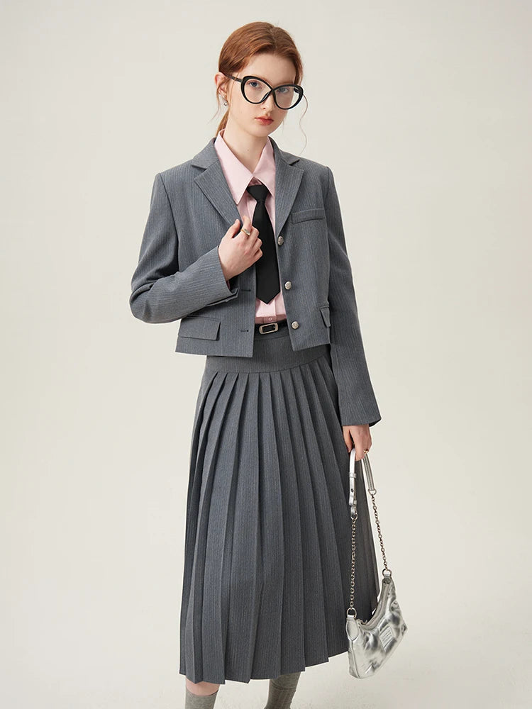 Modern Collegiate Charm: FSLE Tailored Blazer and A-Line Skirt Suit Se