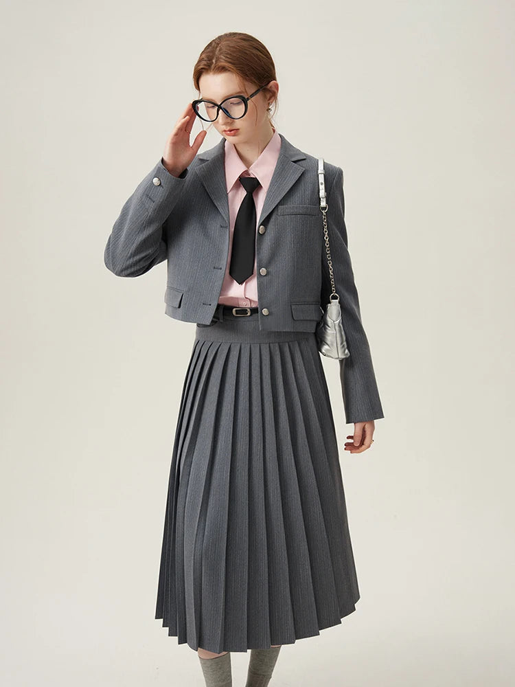 Modern Collegiate Charm: FSLE Tailored Blazer and A-Line Skirt Suit Se