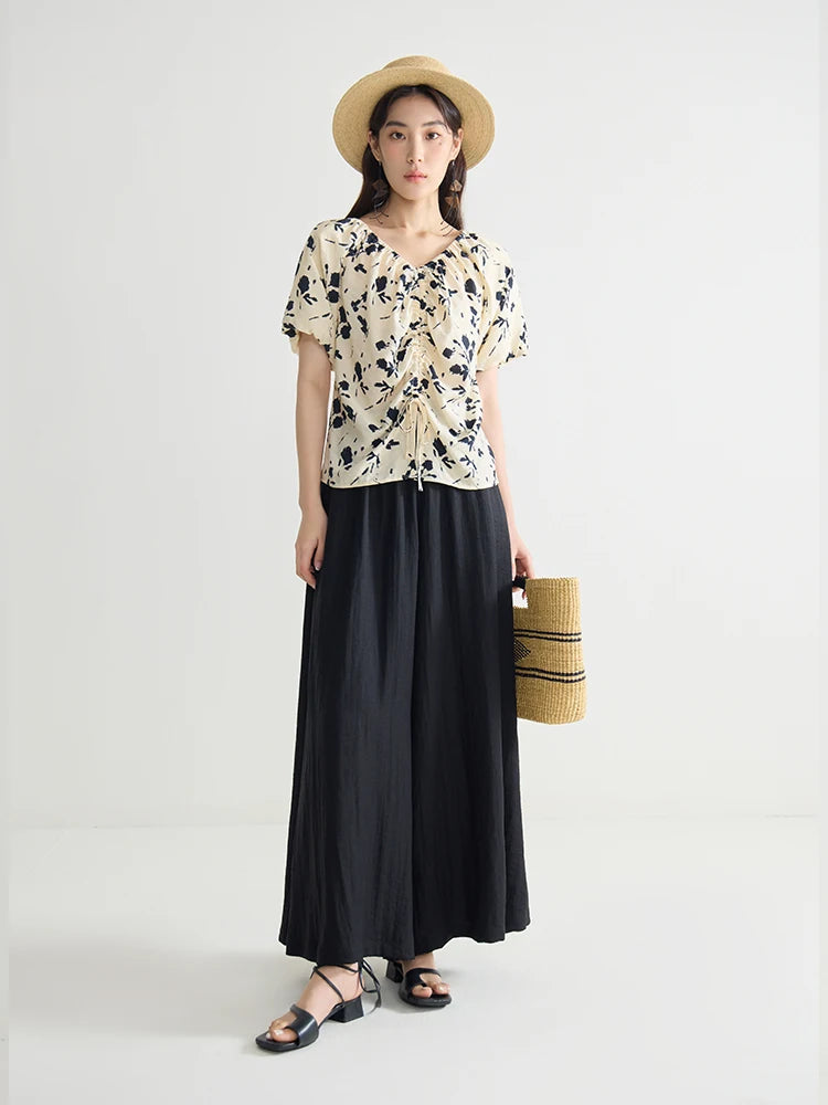 DUSHU Elegant V-Neck Cultural Print Top