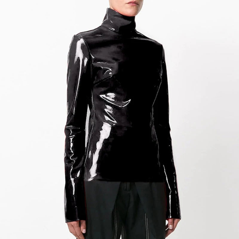 Vintage Latex Leather High Neck Top with Fiery Zipper Detail