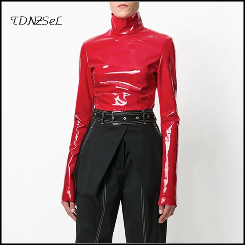 Vintage Latex Leather High Neck Top with Fiery Zipper Detail