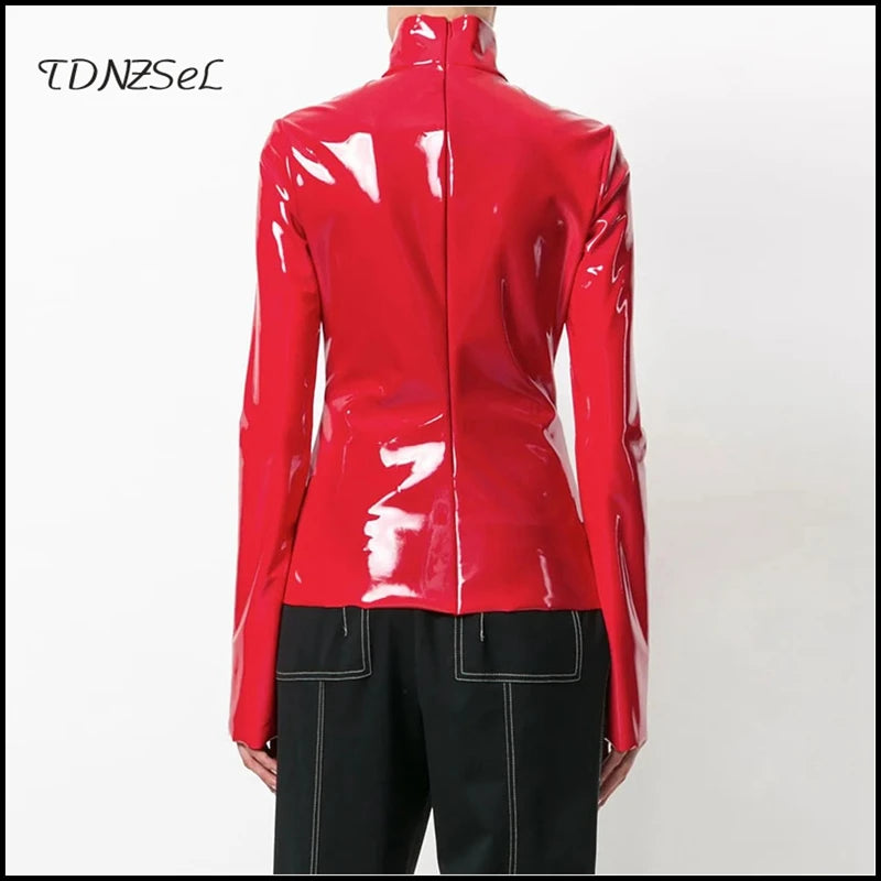 Vintage Latex Leather High Neck Top with Fiery Zipper Detail