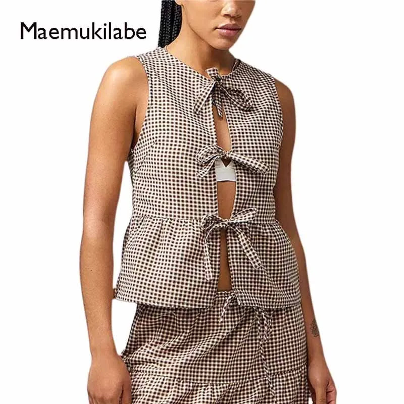 Maemukilabe Plaid Tie-Up Tank Top