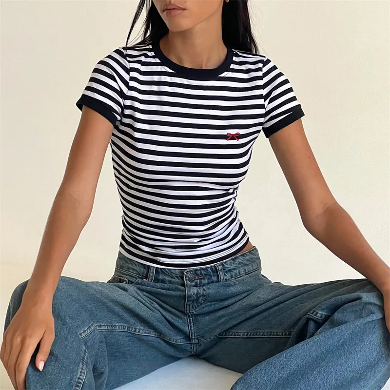 Embroidered Bow Crew Crop Top