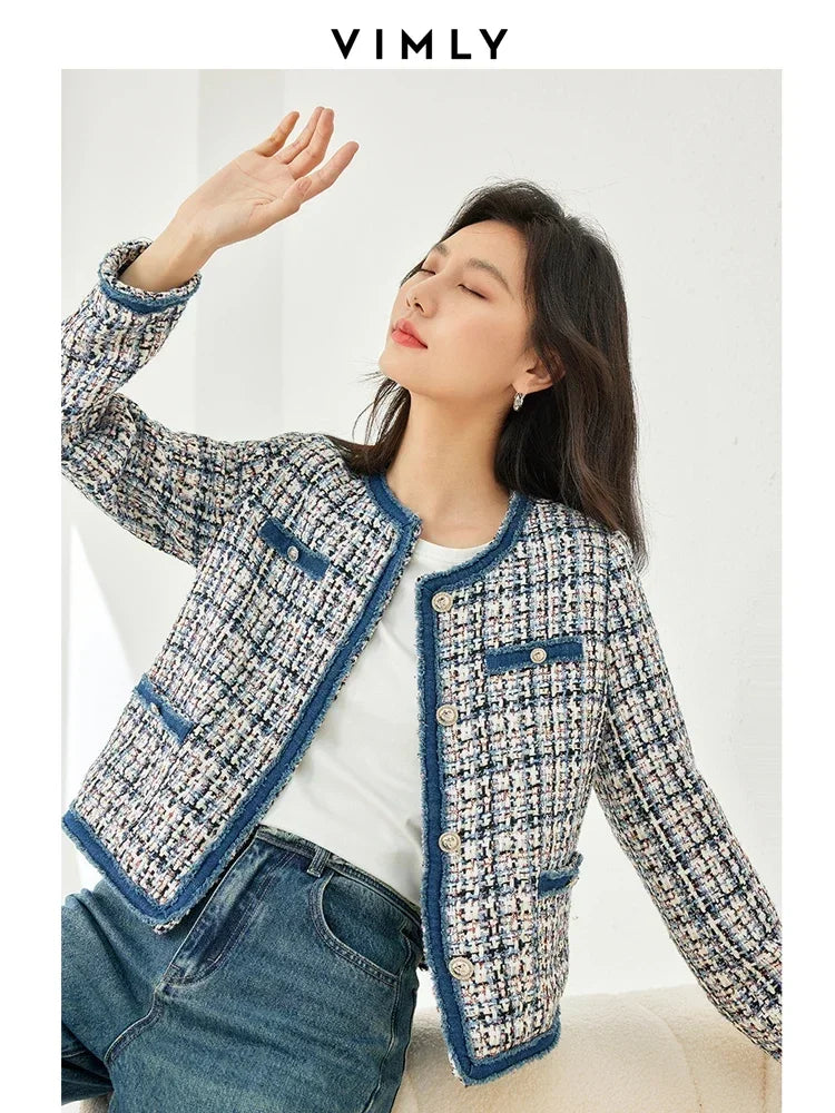 Vimly Plaid Tweed Cropped Jacket with Denim Patchwork