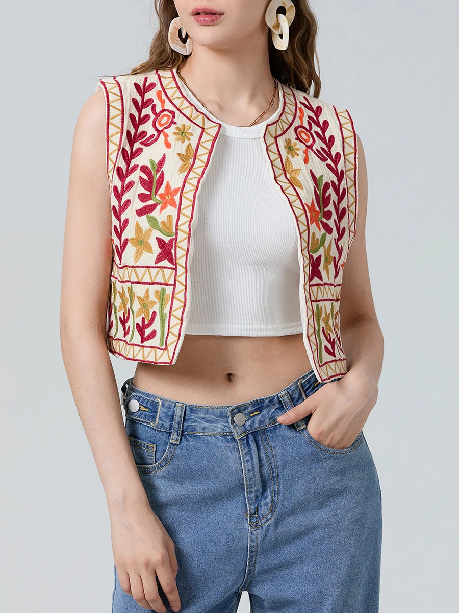 Floral Embroidery Vintage Crop Vest