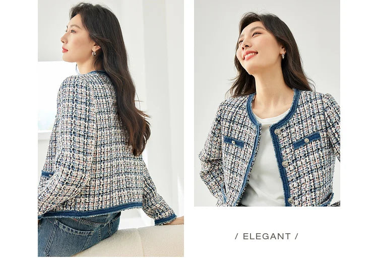 Vimly Plaid Tweed Cropped Jacket with Denim Patchwork