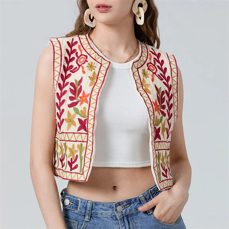 Floral Embroidery Vintage Crop Vest