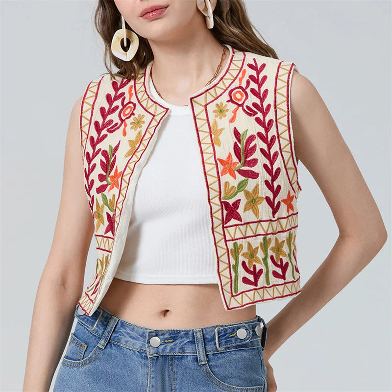 Floral Embroidery Vintage Crop Vest