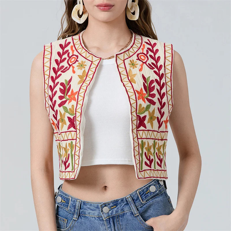 Floral Embroidery Vintage Crop Vest