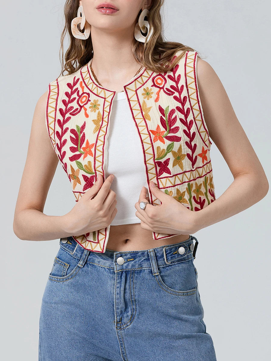 Floral Embroidery Vintage Crop Vest