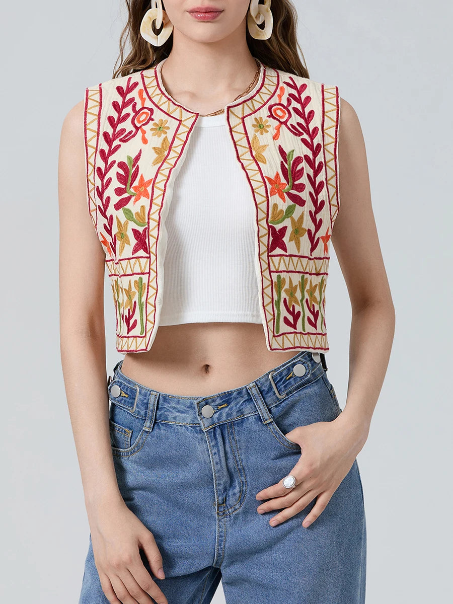 Floral Embroidery Vintage Crop Vest