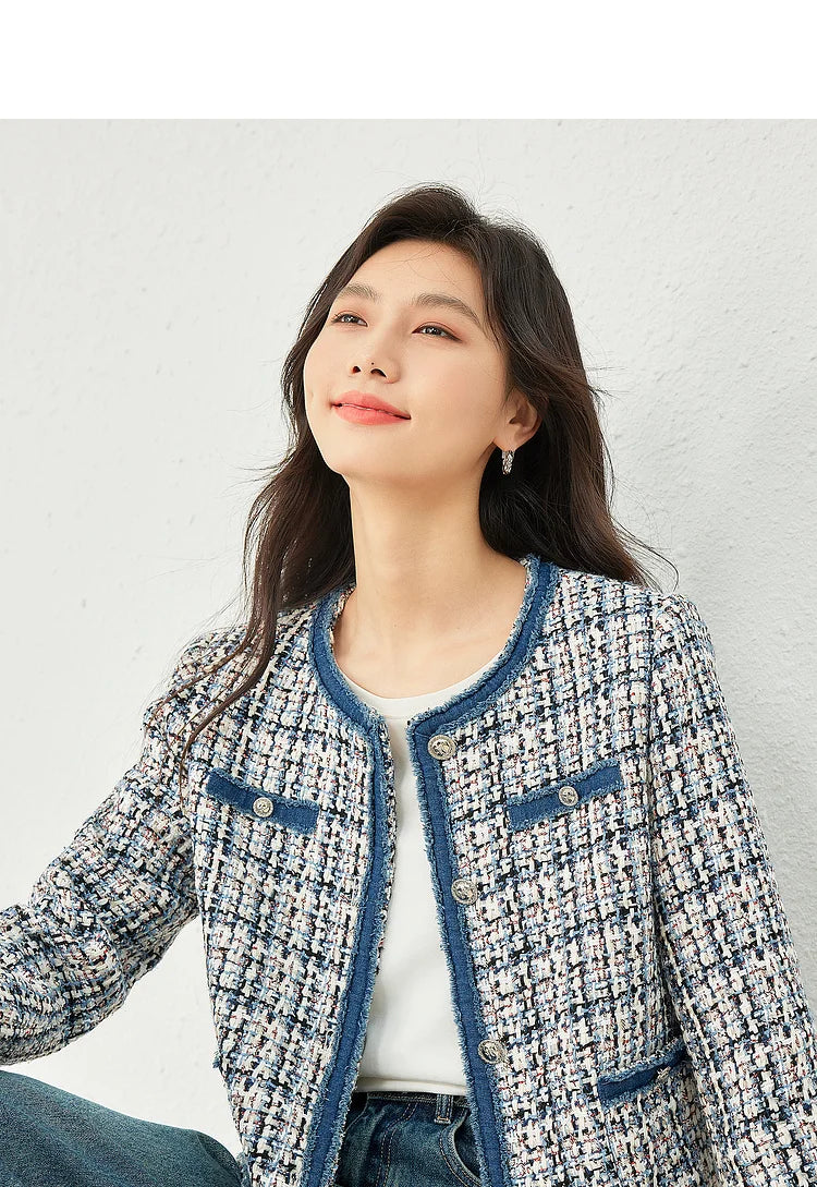 Vimly Plaid Tweed Cropped Jacket with Denim Patchwork