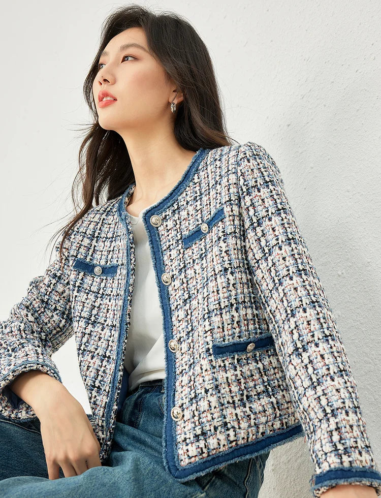 Vimly Plaid Tweed Cropped Jacket with Denim Patchwork