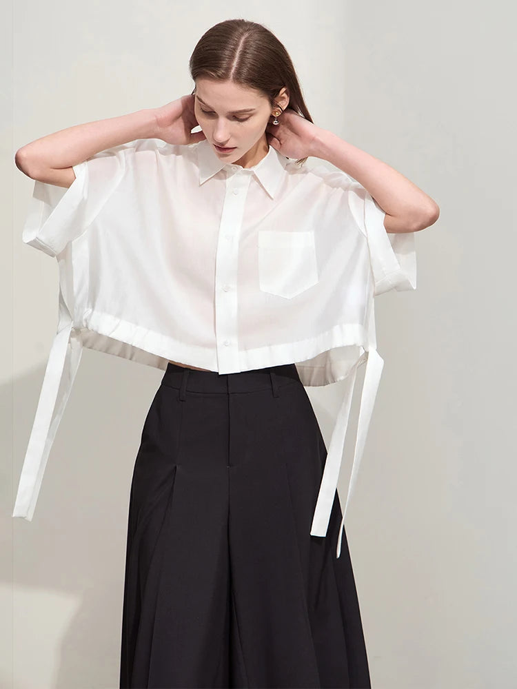 Amii Minimalist Belted Lapel Blouse