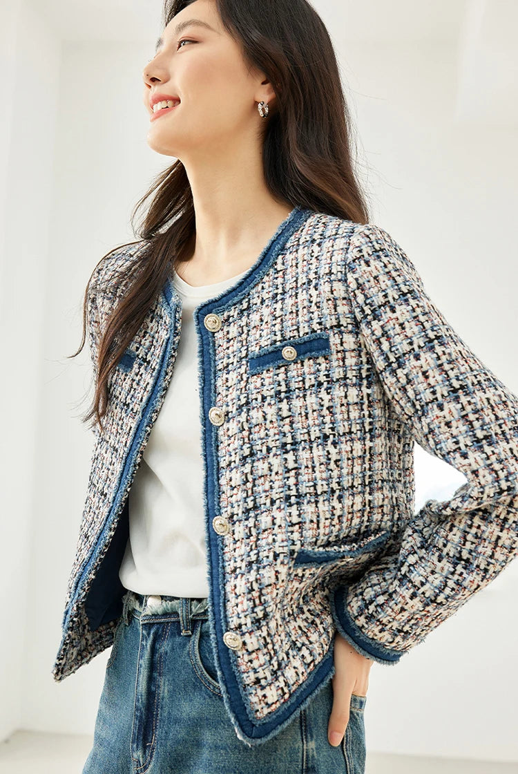 Vimly Plaid Tweed Cropped Jacket with Denim Patchwork