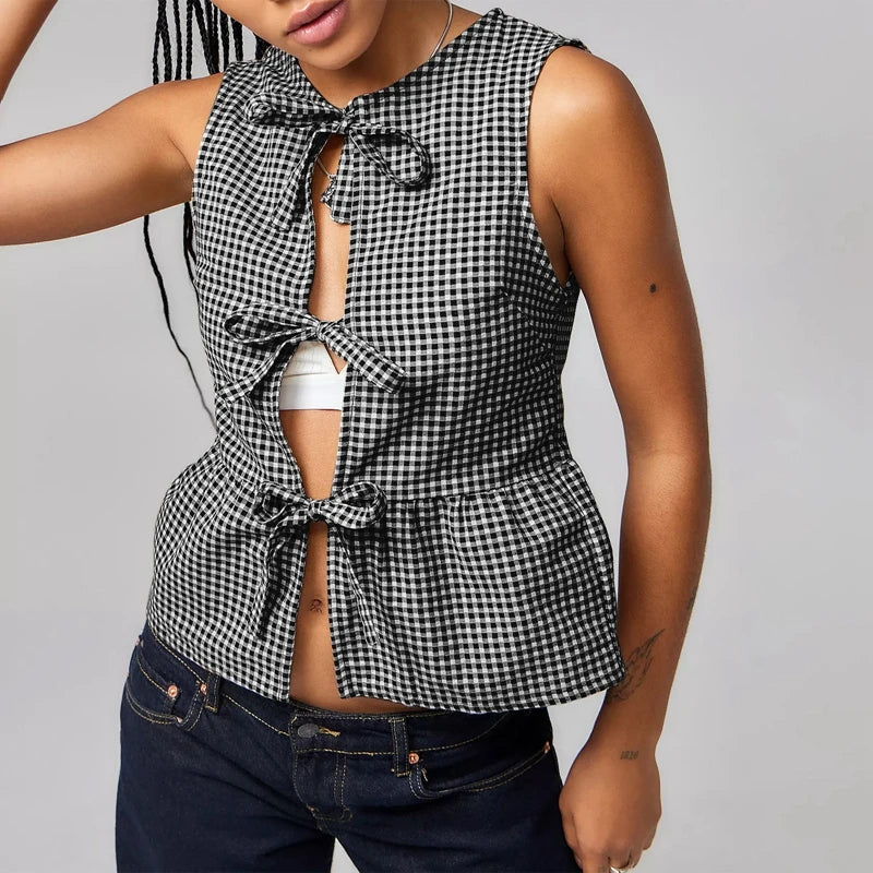 Maemukilabe Plaid Tie-Up Tank Top