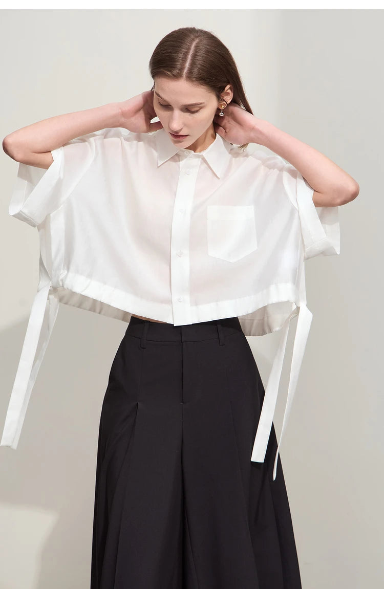 Amii Minimalist Belted Lapel Blouse