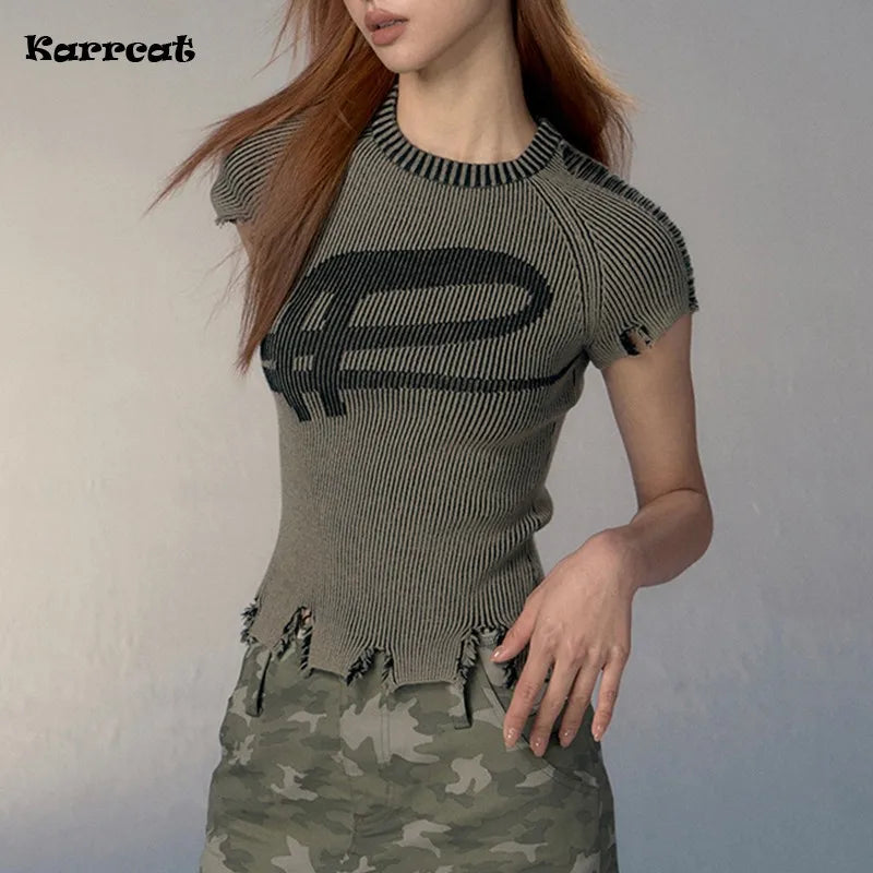 Karrcat Distressed Grunge Knit Crop Top