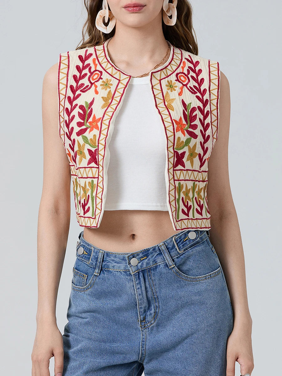 Floral Embroidery Vintage Crop Vest