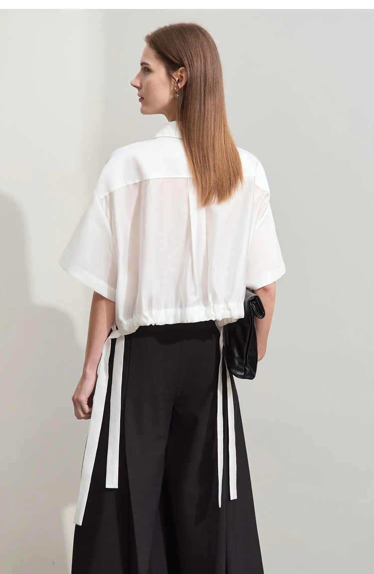 Amii Minimalist Belted Lapel Blouse