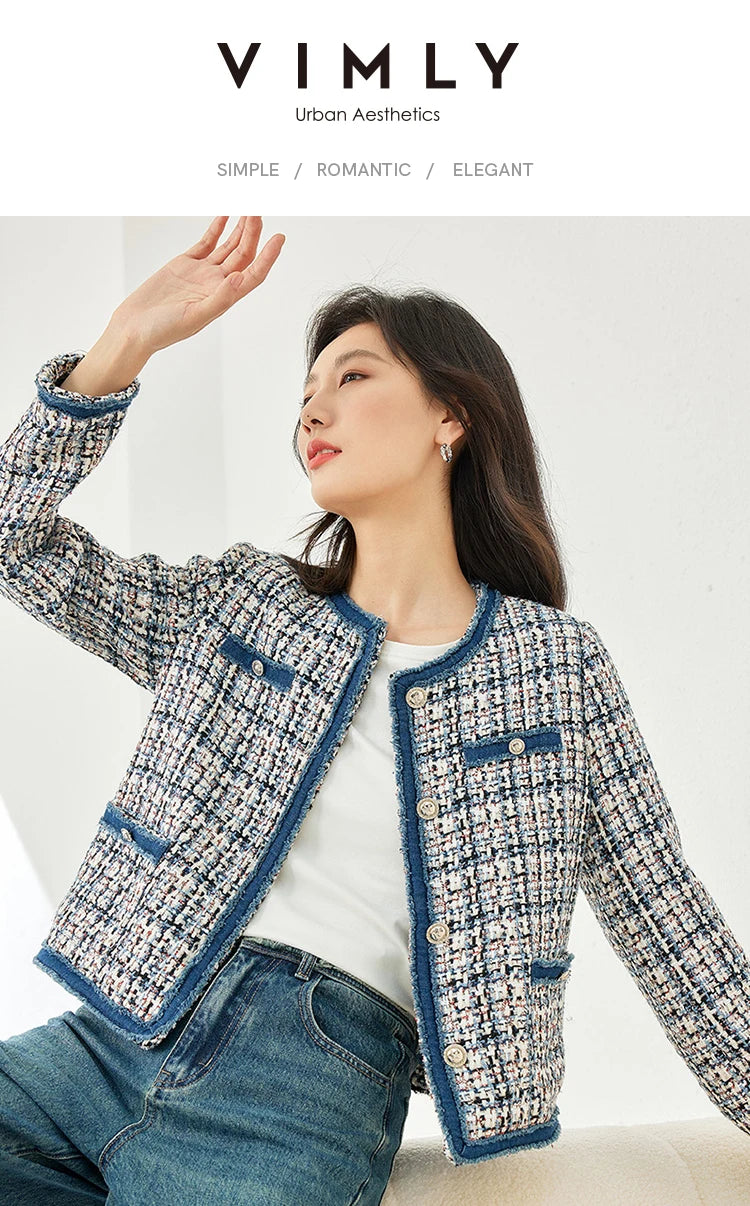 Vimly Plaid Tweed Cropped Jacket with Denim Patchwork