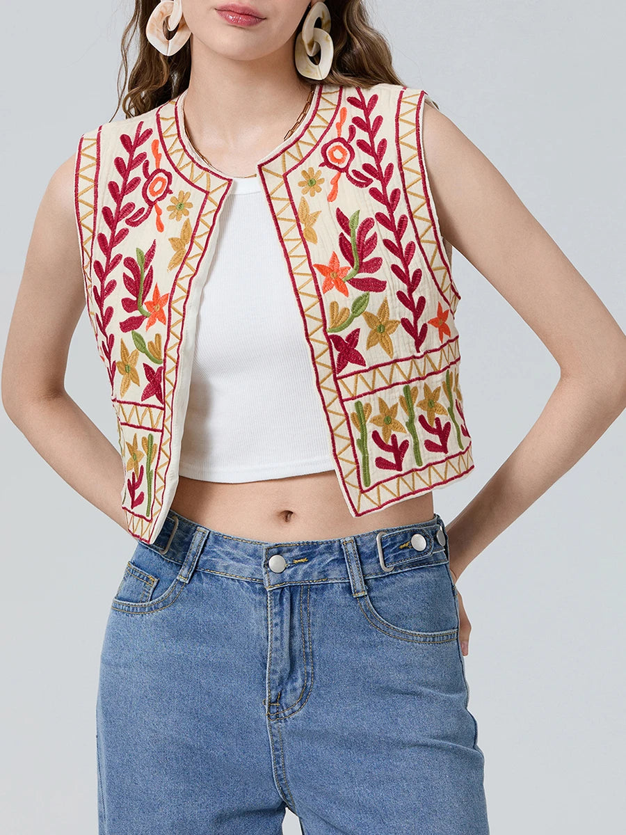 Floral Embroidery Vintage Crop Vest