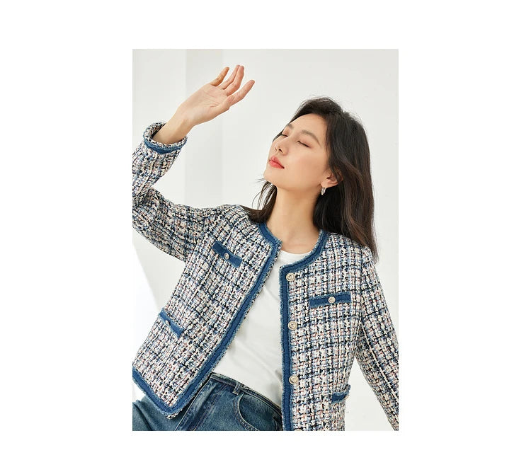 Vimly Plaid Tweed Cropped Jacket with Denim Patchwork