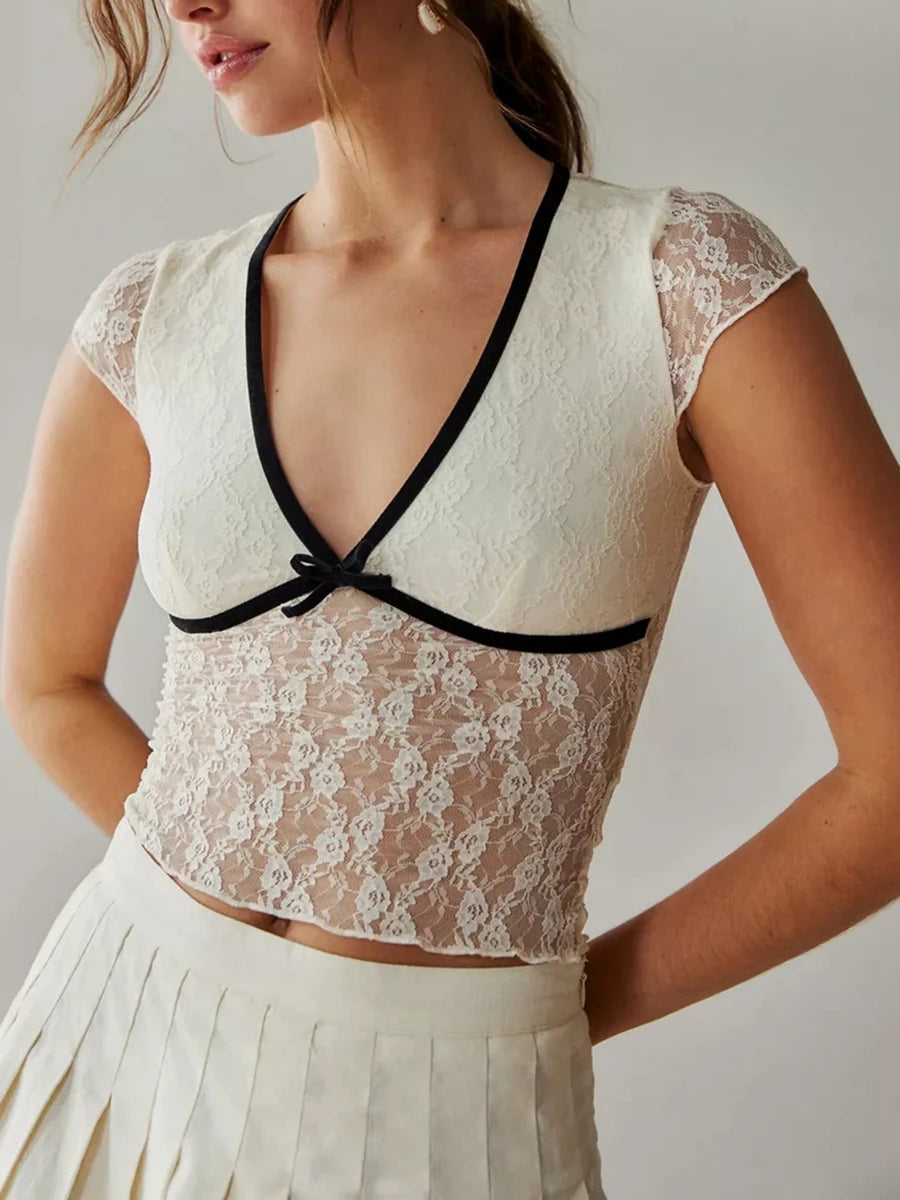 Fairycore Lace Floral V-Neck Crop Top