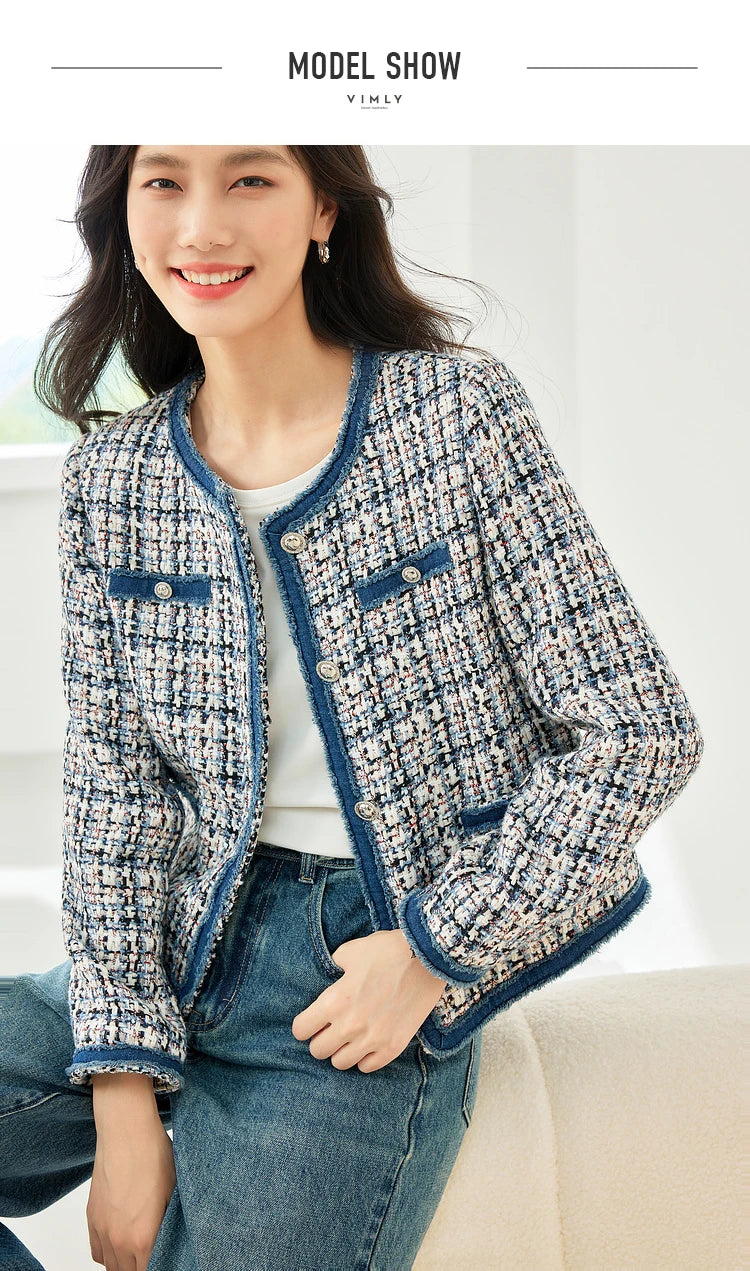 Vimly Plaid Tweed Cropped Jacket with Denim Patchwork