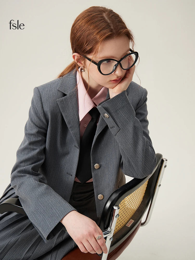 Modern Collegiate Charm: FSLE Tailored Blazer and A-Line Skirt Suit Se