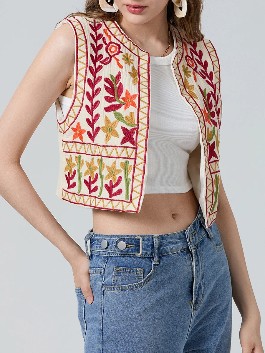 Floral Embroidery Vintage Crop Vest