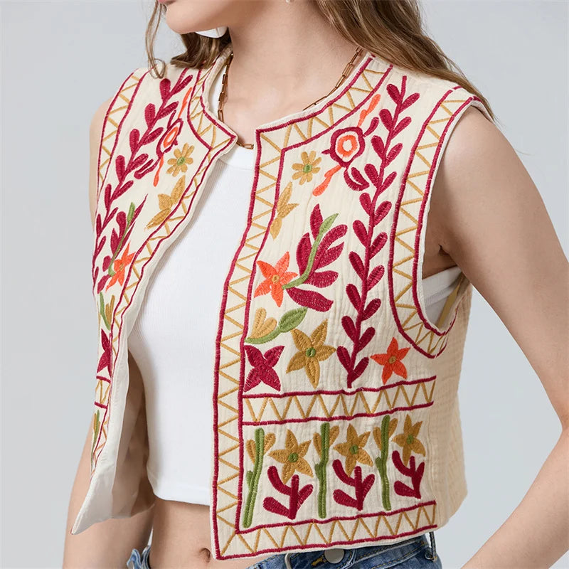 Floral Embroidery Vintage Crop Vest