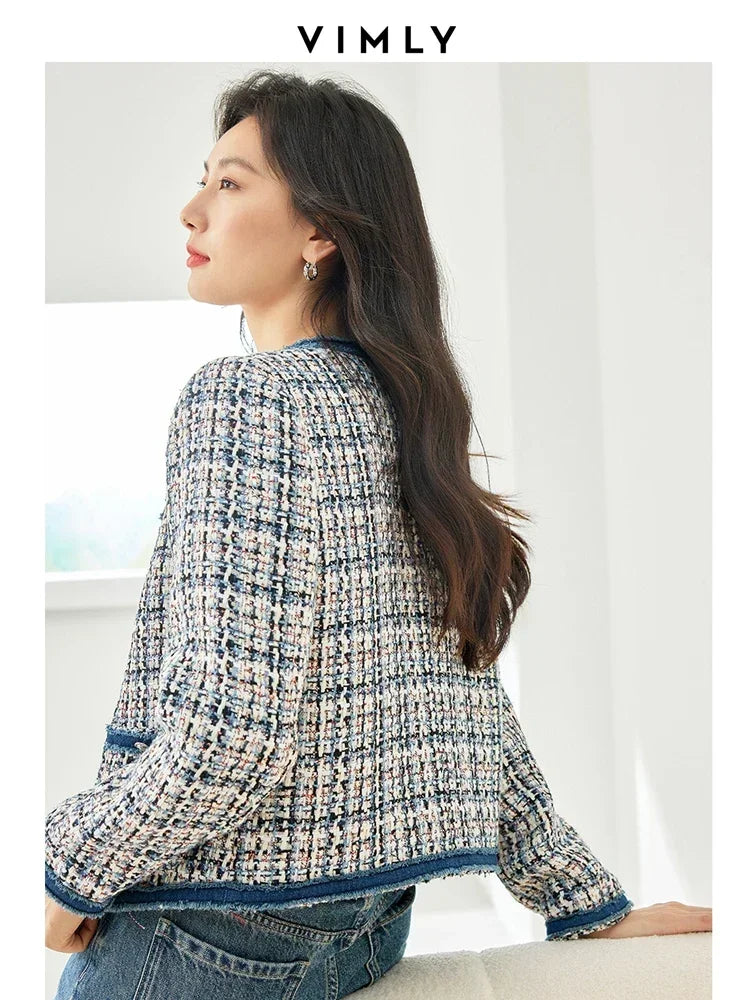 Vimly Plaid Tweed Cropped Jacket with Denim Patchwork