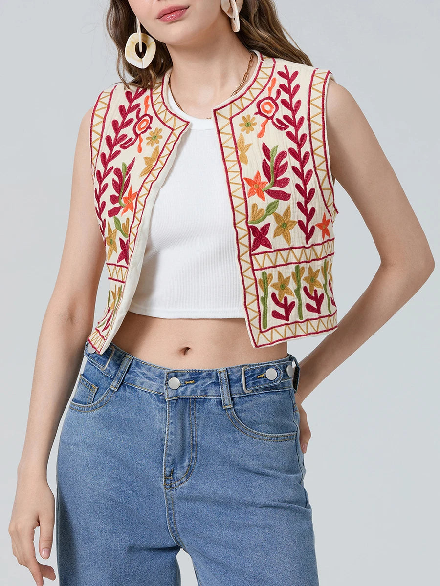 Floral Embroidery Vintage Crop Vest