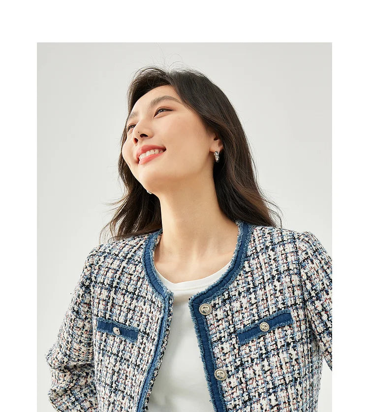 Vimly Plaid Tweed Cropped Jacket with Denim Patchwork