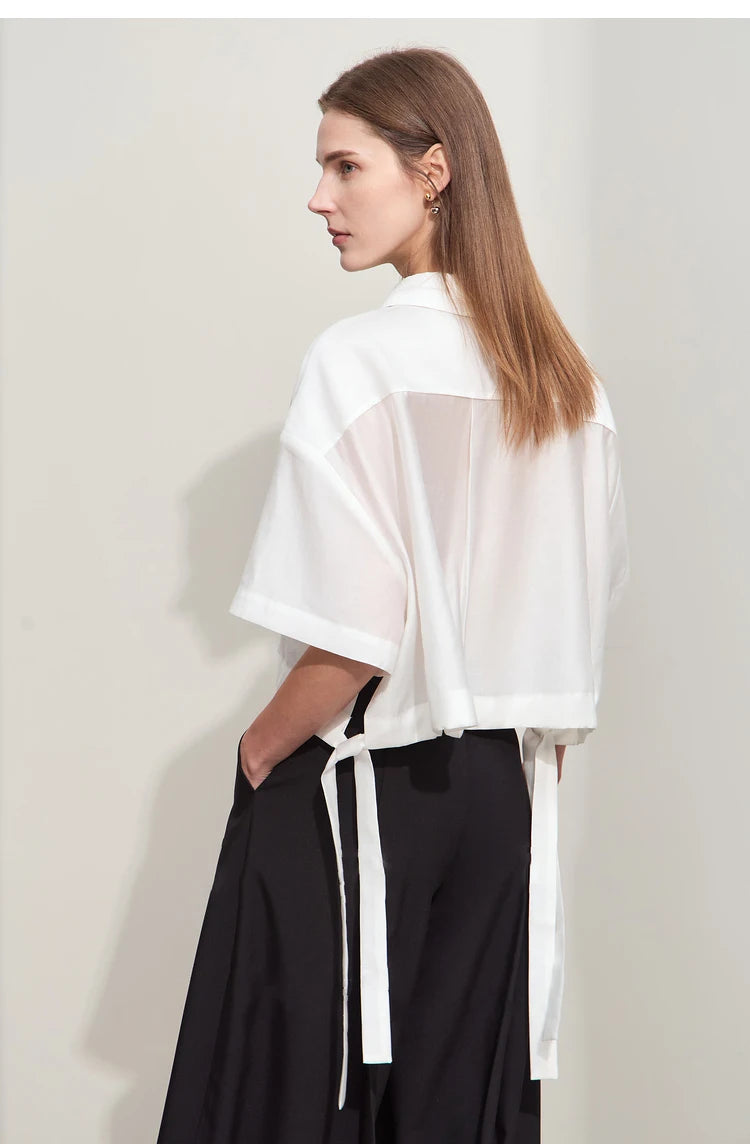 Amii Minimalist Belted Lapel Blouse