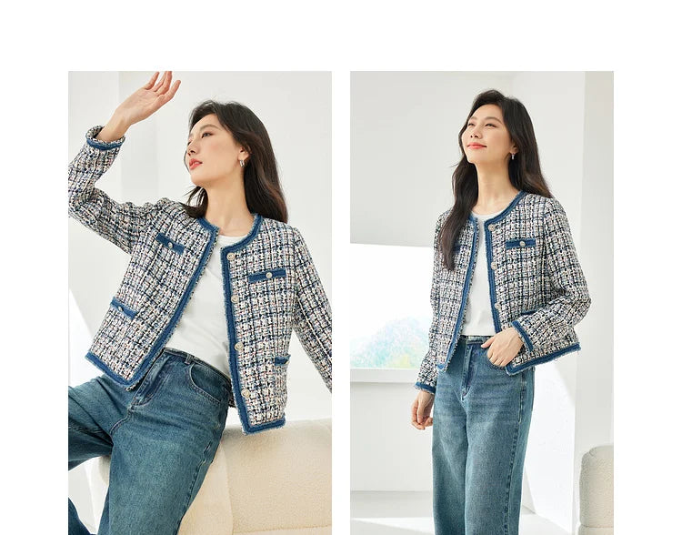 Vimly Plaid Tweed Cropped Jacket with Denim Patchwork