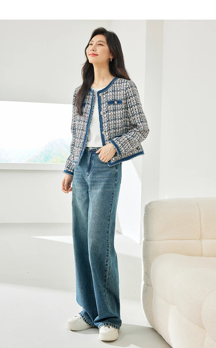 Vimly Plaid Tweed Cropped Jacket with Denim Patchwork