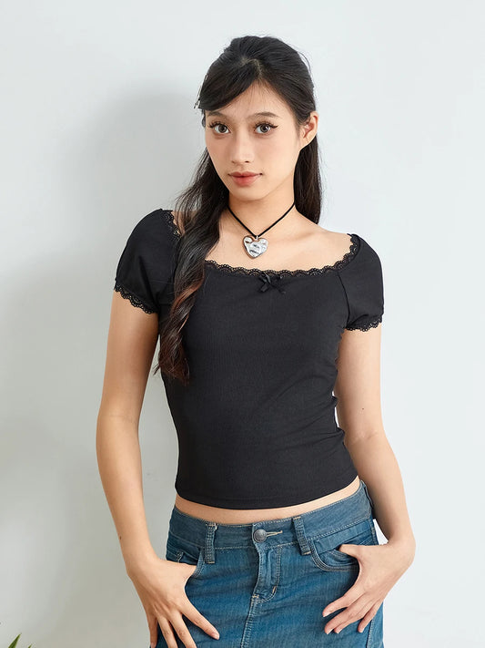 Crop Tops Short Sleeve Lace Black