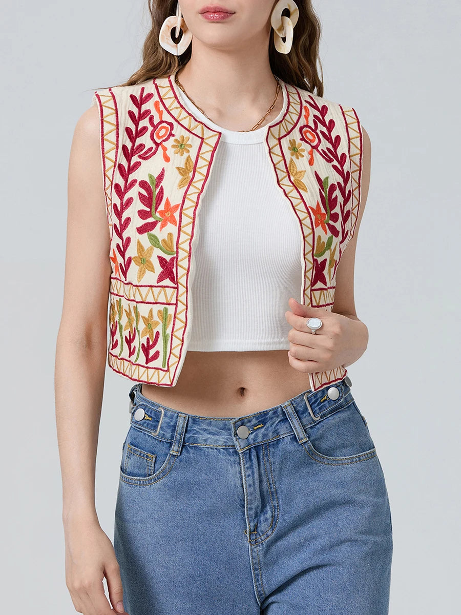 Floral Embroidery Vintage Crop Vest