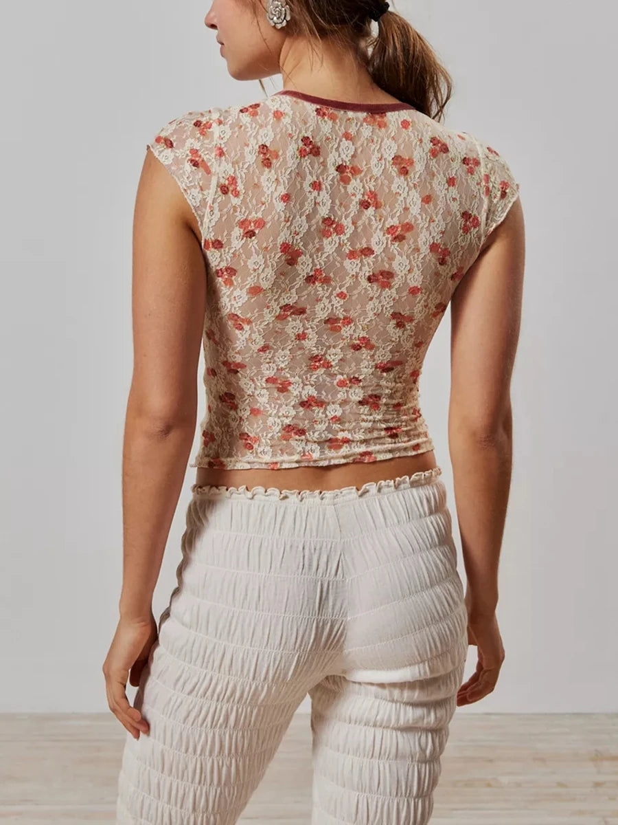 Fairycore Lace Floral V-Neck Crop Top