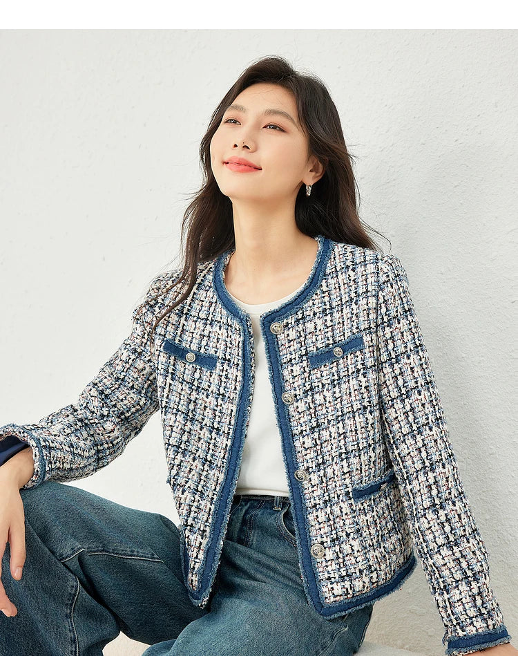 Vimly Plaid Tweed Cropped Jacket with Denim Patchwork