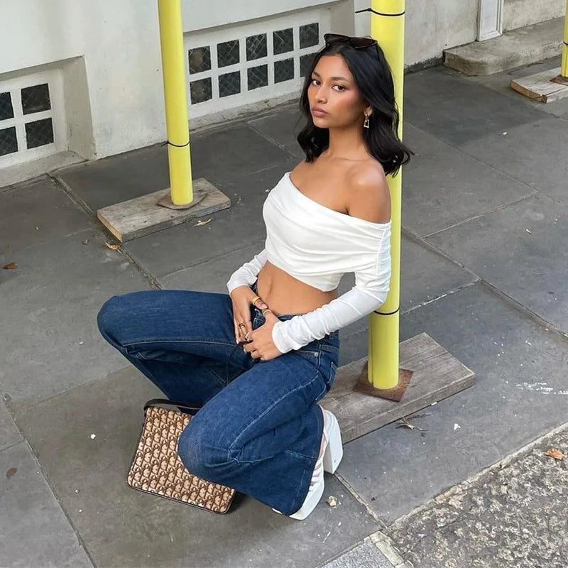 Harajuku Chic: Off-Shoulder White Crop Tee