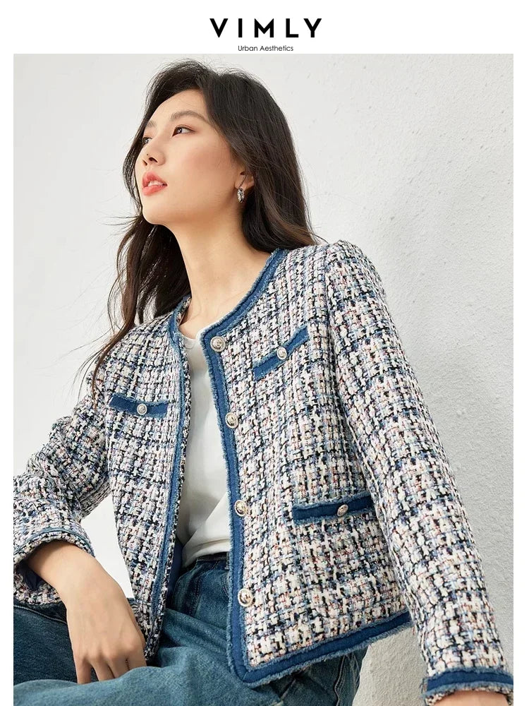 Vimly Plaid Tweed Cropped Jacket with Denim Patchwork