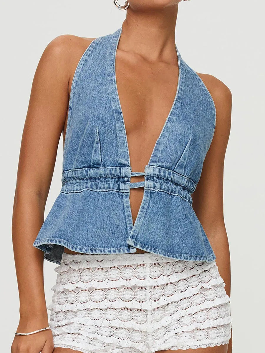 Edgy Vintage Denim Halter Vest