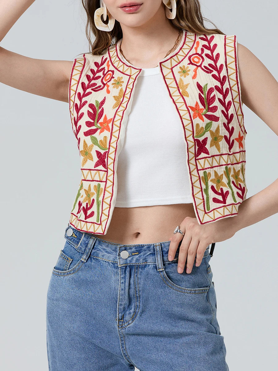 Floral Embroidery Vintage Crop Vest