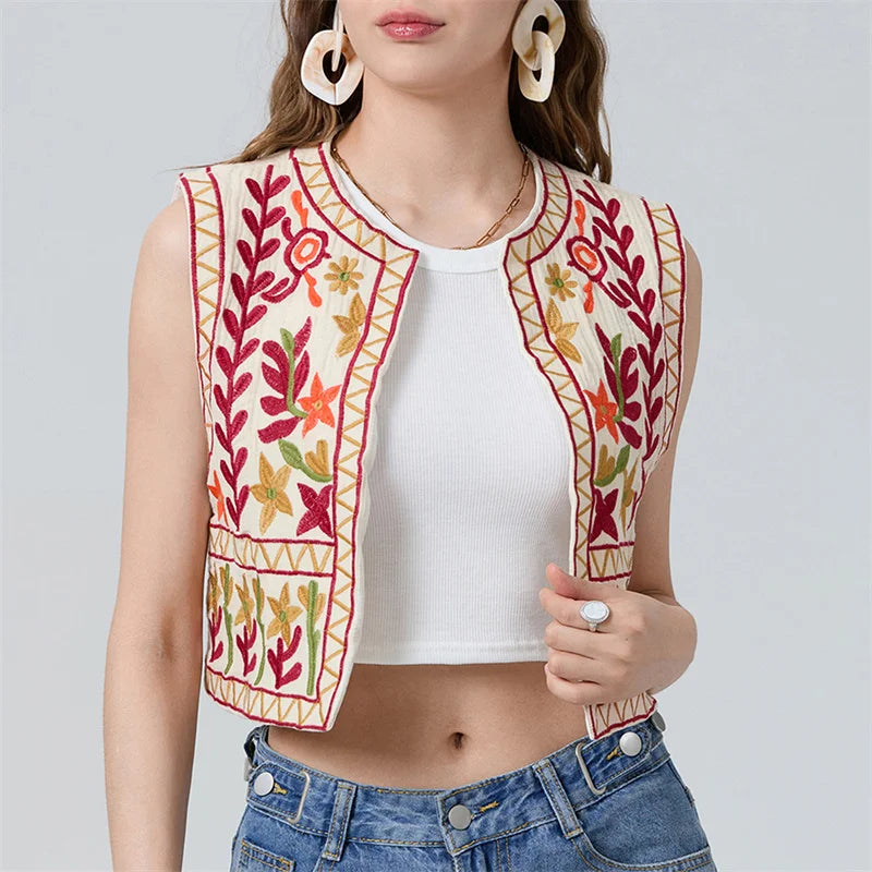 Floral Embroidery Vintage Crop Vest