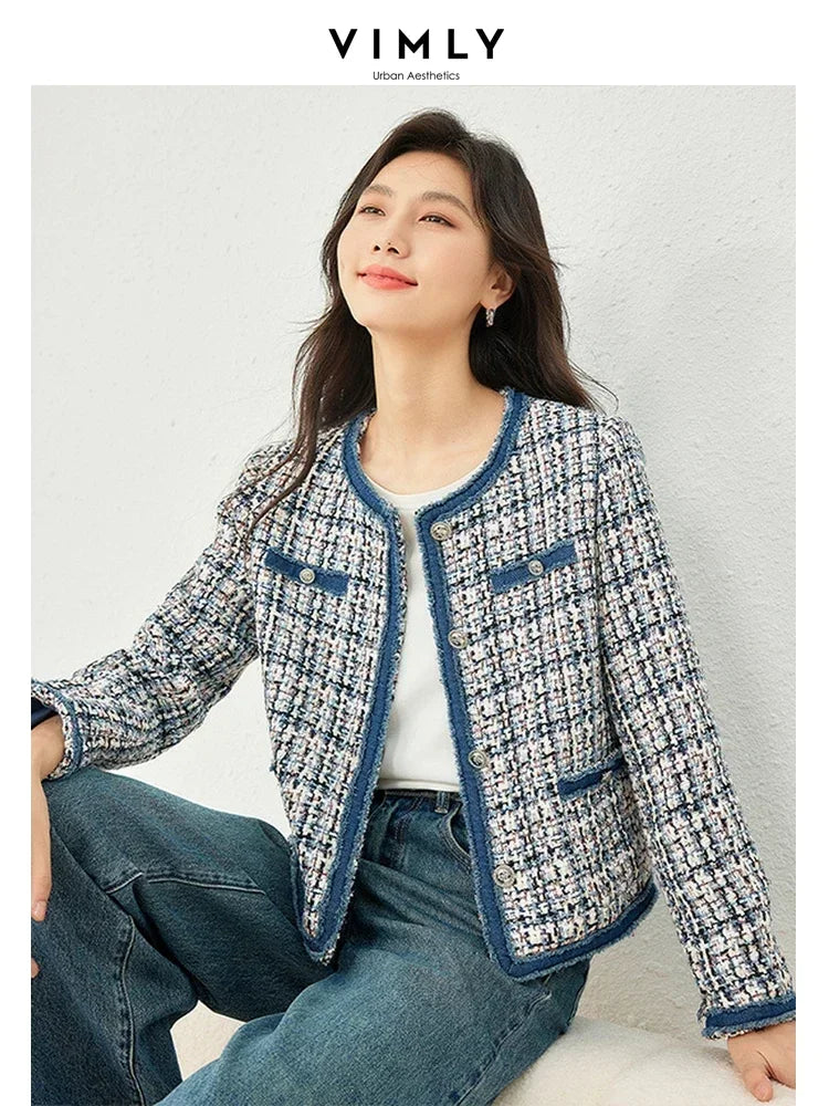 Vimly Plaid Tweed Cropped Jacket with Denim Patchwork