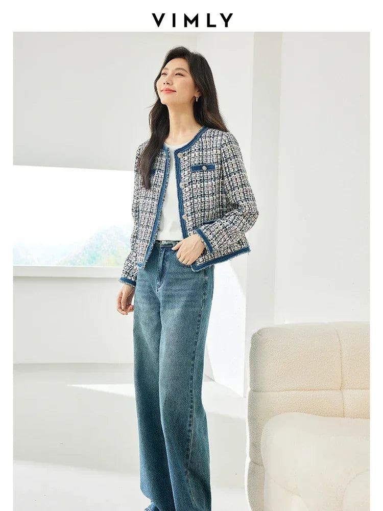 Vimly Plaid Tweed Cropped Jacket with Denim Patchwork